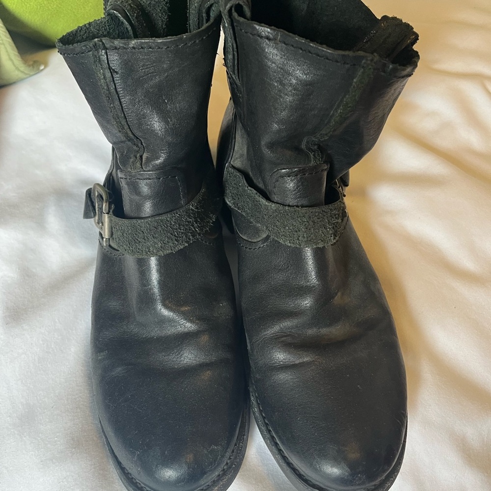 Frye Black Leather Ankle Boots with Buckle
